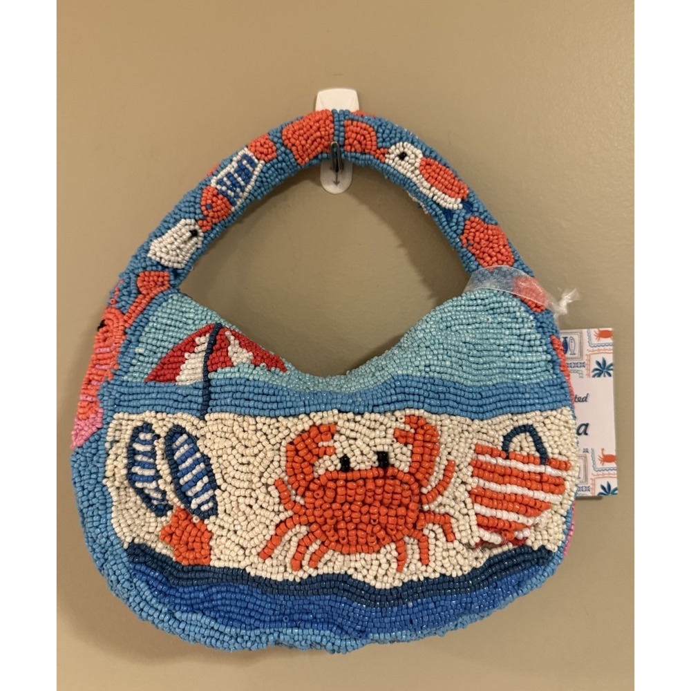 Made In India Beach Scene Crab Nautical Beaded Purse Bag NWT